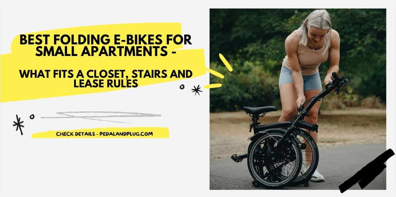Best folding electric bike for small apartments guide banner showing a woman folding a compact bike